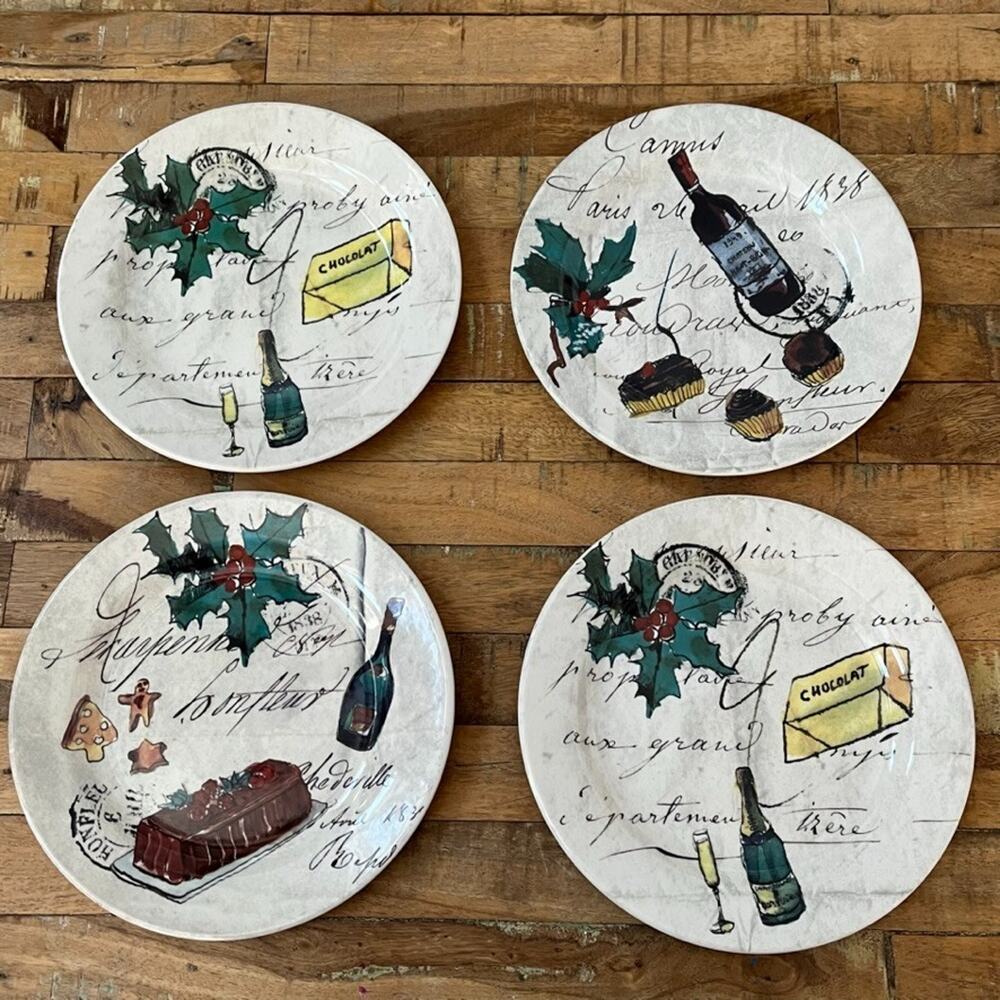 Williams Sonoma Holiday Christmas Party Plates Set Dessert and Wine 9"